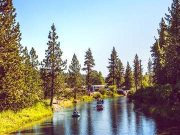The Truckee River in Tahoe City reflecting the pine forest